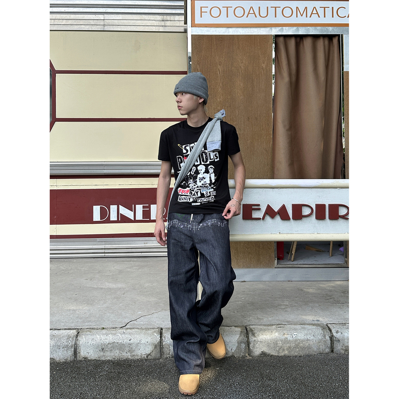 Faxims'Musical Note' Embroidery Craft 13.oz Loose Straight Jeans Recycled Fiber Blend Raw Denim