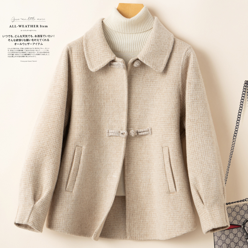 Houndstooth Double-Sided Cashmere Short Coat for Petite Women, Mother's Style, Chinese-Style Buttoned Woolen Large Size Plaid Coat