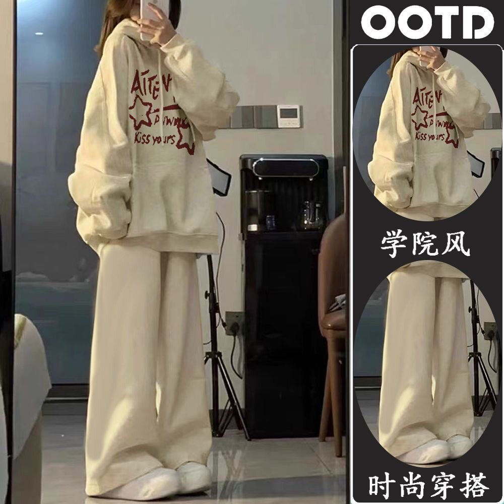 Осенняя одежда для больших детей женского пола, полный комплект из тонкого плюс бархатного милого свободного свитера с капюшоном для девочек, брючный костюм