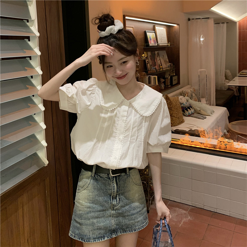 White Short-Sleeved Pure Cotton Shirt for Women, Summer Thin Style, College Style Doll Collar Top, Sweet Style Shirt, Plus Size Inner Wear