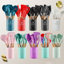 11-piece silicone kitchenware set with wooden handle and storage bucket. 11-piece silicone kitchenware cooking spoon and spatula set in ten colors.