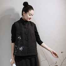 In the bamboo forest the new autumn and winter style plus velvet Chinese style buckle vest cotton and linen short hand-painted ink bamboo womens vest