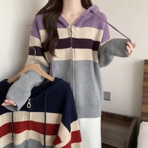 Spot direct sales autumn and winter new Korean style lazy style retro striped loose zipper hooded long-sleeved knitted cardigan for women
