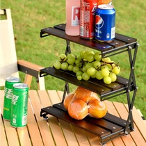 Outdoor camping stainless steel three-layer folding storage rack portable multi-functional desktop retractable wooden storage rack