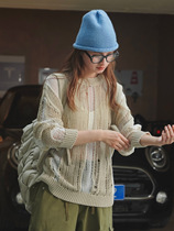 Louvre Early Autumn New Korean Style Lazy Hollow Color Blocking Round Neck Sweater Loose Slimming Lightweight Fluffy Knitted Sweater for Women