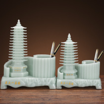 Thirteen-story Wenchang Tower pen holder ornaments 13-story nine-story crafts imitation jade for childrens desk decoration office desk