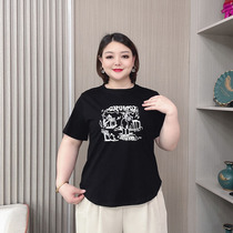 Fat mm short-sleeved T-shirt for women summer new large size womens loose and slim round neck cover belly hem curved top