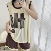 Fat MM 300 pounds large size loose thin sleeveless vest high waist shorts outer wear sports and leisure two-piece suit for women