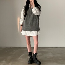 Korean chic simple V-neck versatile slim mid-length loose pullover stacked knitted vest for women