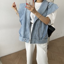 Heavy industry ruffle lace casual waistcoat vest light color loose silhouette washed denim zipper cardigan vest