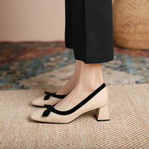High-end French square-toe bow-tie thick-heeled shoes forest-style color-blocked shallow-top thick-heeled shoes bow-tie high-heeled shoes