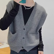 Korean style womens 100 pure wool stacked vest single-breasted V-neck knitted outer waistcoat solid color classic style