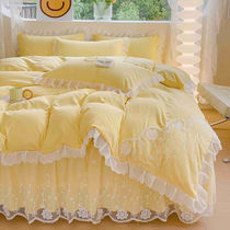 Korean princess style bed skirt four-piece lace quilt cover girly heart full solid color sheets washed cotton bedding