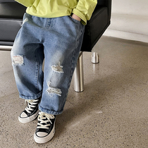 Kids Pants Autumn Children all-match loose ripped Jeans fashion