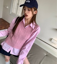 College Style Twist V-neck Knitted Vest Womens Autumn Girl Pink Versatile Slim Slim Wool Vest