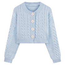 Blue twist sweater knitted cardigan jacket spring womens 2024 new style petite short soft waxy long-sleeved top