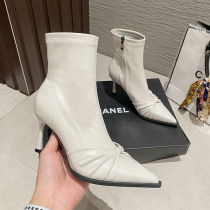 8288-3 Off-White Pointed Toe High Heel Short Boots Womens Thin Heel Stretch Boots Slim Single Boots Side Zipper 2023 Autumn and Winter