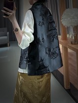 Heavy industry pavilion acetate embroidery craft Chinese buckle vest jacket womens high-end cut-shoulder national style top