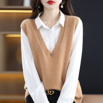 New high-quality pure wool 2024 spring new style womens loose large v-neck solid color short pullover vest knitted
