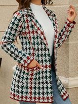 Amazon autumn and winter long sweater contrasting houndstooth knitted cardigan temperament commuter suit collar windbreaker jacket