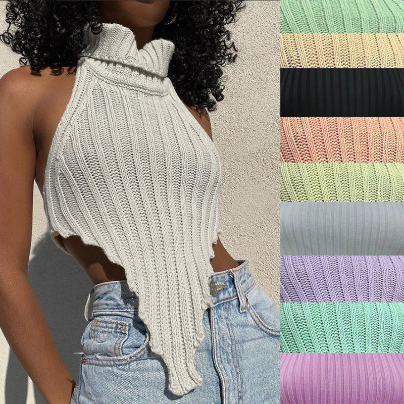 Amazon European and American Socialite Sexy Backless Solid Color High-Neck Irregular Knitted Tank Top Slim Sleeveless Sweater for Women