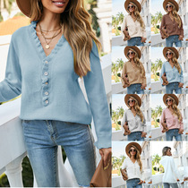 2022 Autumn and Winter New European and American Sweater Button Wooden Ear Side V-neck Sweater Womens Hair