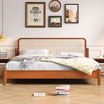 Solid wood rattan bed medieval style bedroom wabi-sabi 1 5m walnut color retro style French bed and breakfast 1 8m double rattan bed