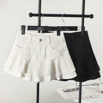 Miniskirt pleated skirt ruffled denim skirt womens anti-exposure lining summer black and white denim skirt elastic skirt
