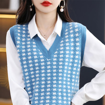 Houndstooth cotton knitted V-neck vest womens short loose sleeveless sweater vest spring and autumn layered vest