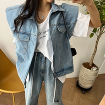 2024 Summer Korean Style Zipper Loose Type Slimming Dropped Shoulder Sleeves Shoulder Pads Washed Denim Cardigan Vest Jacket Women