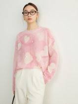 Love Print Cherry Pink Mohair Sweater Womens 2024 Autumn Beaded Pullover Wool Sweater Womens Top