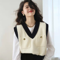 2024 Early Autumn Knitted Vest Women Korean Style Simple Style Short V-neck Vest Layered Over Loose Pullover Waistcoat