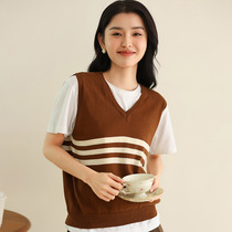 V-neck sweater spring and summer sleeveless vest 2024 new casual one piece bottoming womens stripes simple beige
