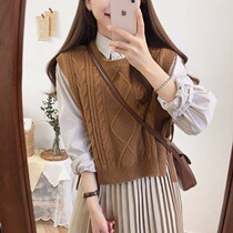Korean autumn age-reducing college style twist tie round neck pullover short knitted vest for women