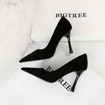 3767-1 European and American style simple slimming banquet high heels wine glass heel super high heel suede shallow mouth pointed toe womens single shoes