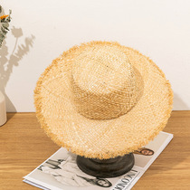 Childrens raffia hat summer small fresh literary sunshade flat top beach hat fur edge sunshade sun hat travel