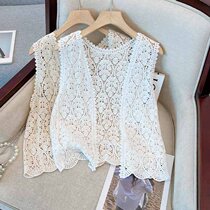 Large size womens loose hook-knitted vest 2024 summer new fat MM vest hollow outer cardigan trendy