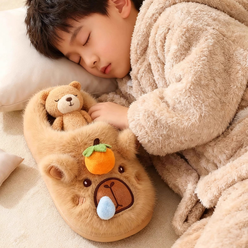 French Uamtor2026 Autumn and Winter New Children's Cotton Slippers Boys' Capybara Plush Indoor Home Shoes