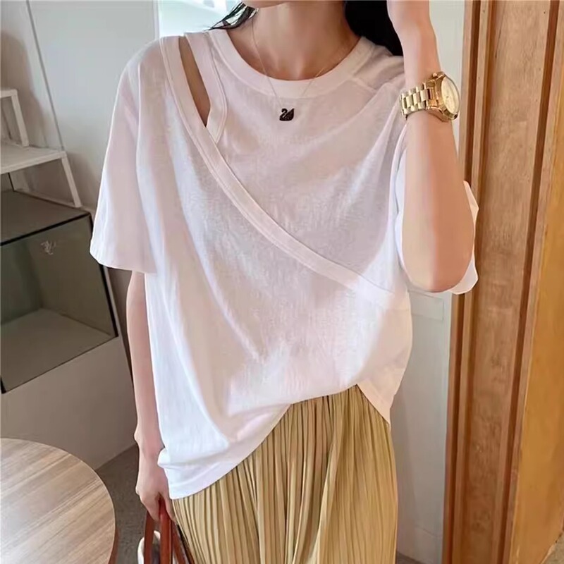 150kg Plus Size Unique Design Round Neck Patchwork Open Shoulder Solid Color Short Sleeve T-Shirt Women's Top Loose Thin Summer 150kg Plus Size Unique Design Round Neck Patchwork Open Shoulder Solid Color Short Sleeve T-Shirt Women's Top Loose Thin Summer