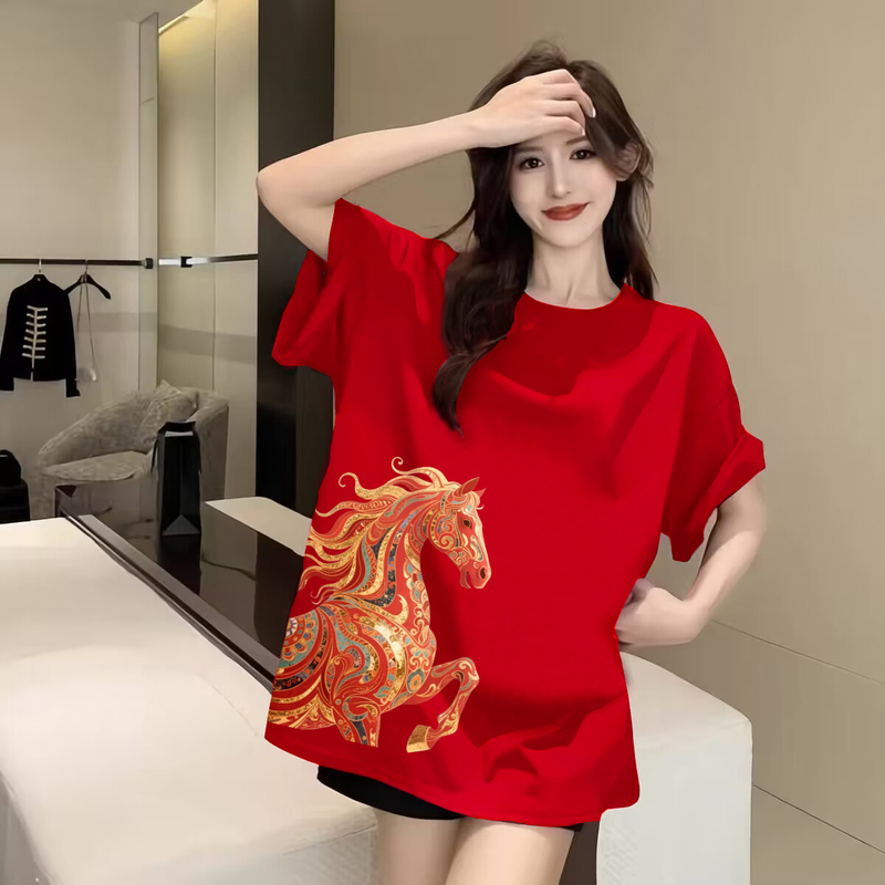 Red Short-Sleeved T-Shirt for Women 2026 New Popular Style Year of the Horse Zodiac Year Clothing Loose Slimming Pure Cotton Inner Top Red Short-Sleeved T-Shirt for Women 2026 New Popular Style Year of the Horse Zodiac Year Clothing Loose Slimming Pure Cotton Inner Top