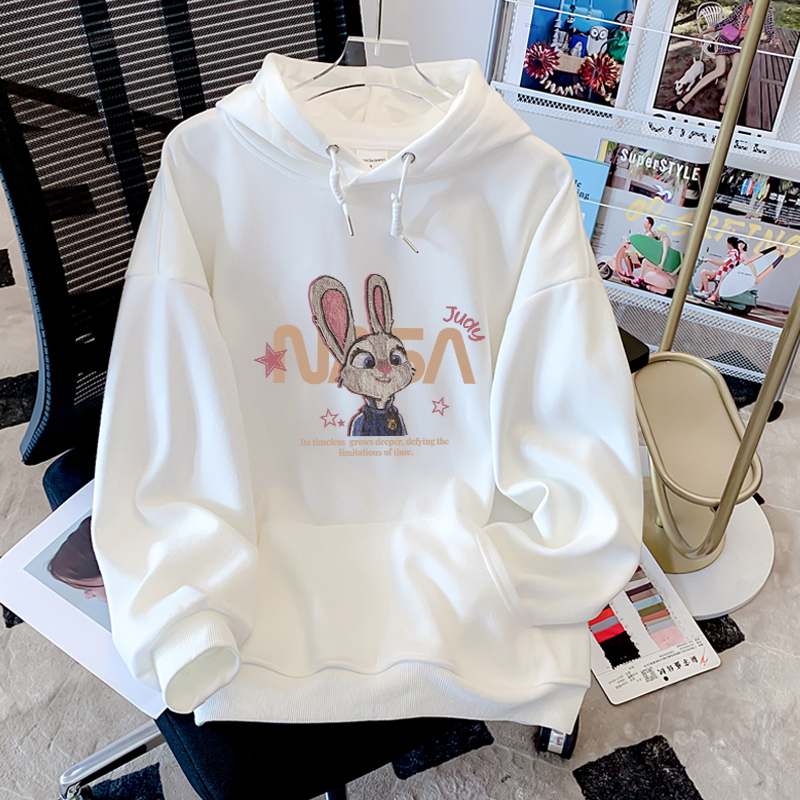 White Cartoon Rabbit Hooded Sweatshirt for Women, Winter Loose Slimming Jacket, 2026 New Popular Autumn and Winter Top