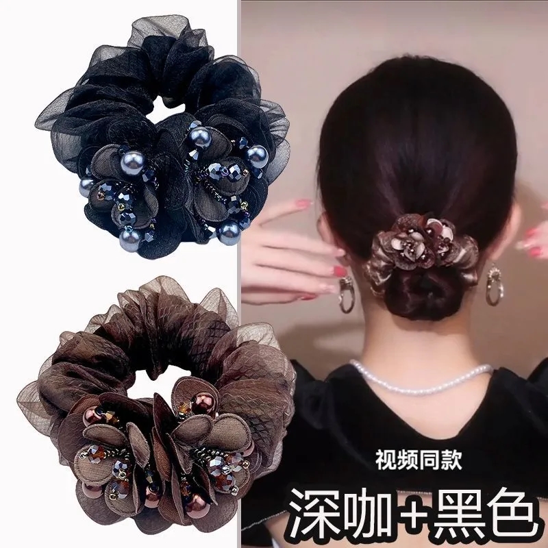 Head Flowers Balls Head Moms Hair Circles Temperament Hair Circles 2023 Mesh Red Advanced Sensation Hair with Leather Fascia women-Taobao