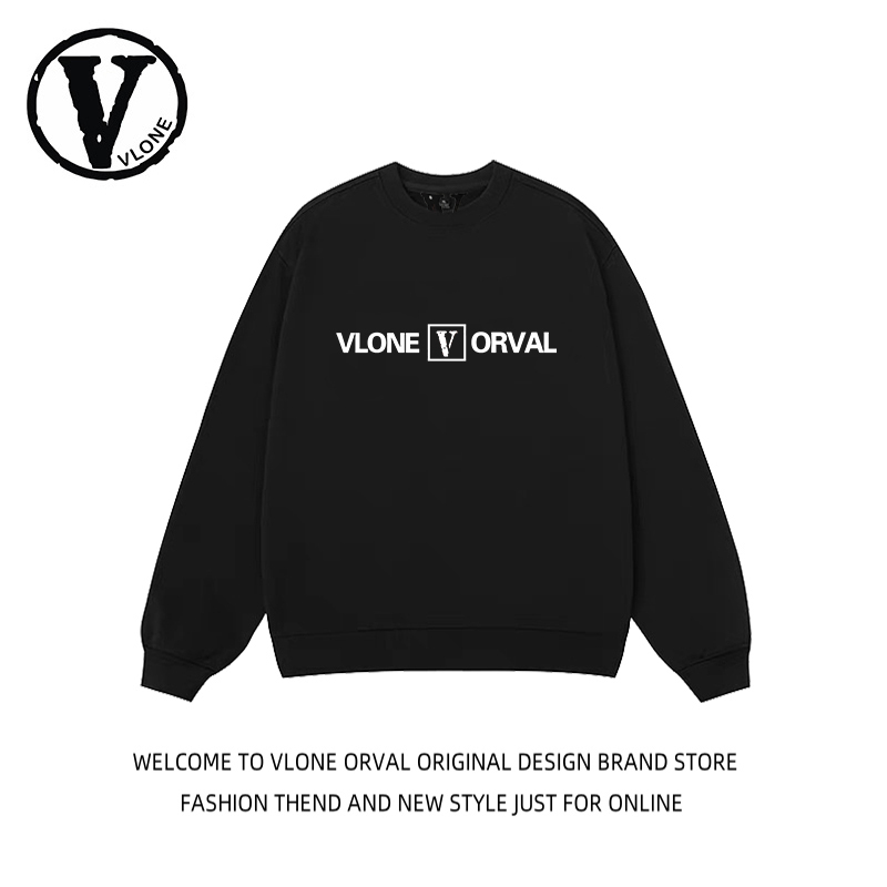 Vlone Orval Niche Trendy Brand American Style Autumn and Winter Fleece-Lined High-End Stylish Men's Couple Black Crew Neck Sweater