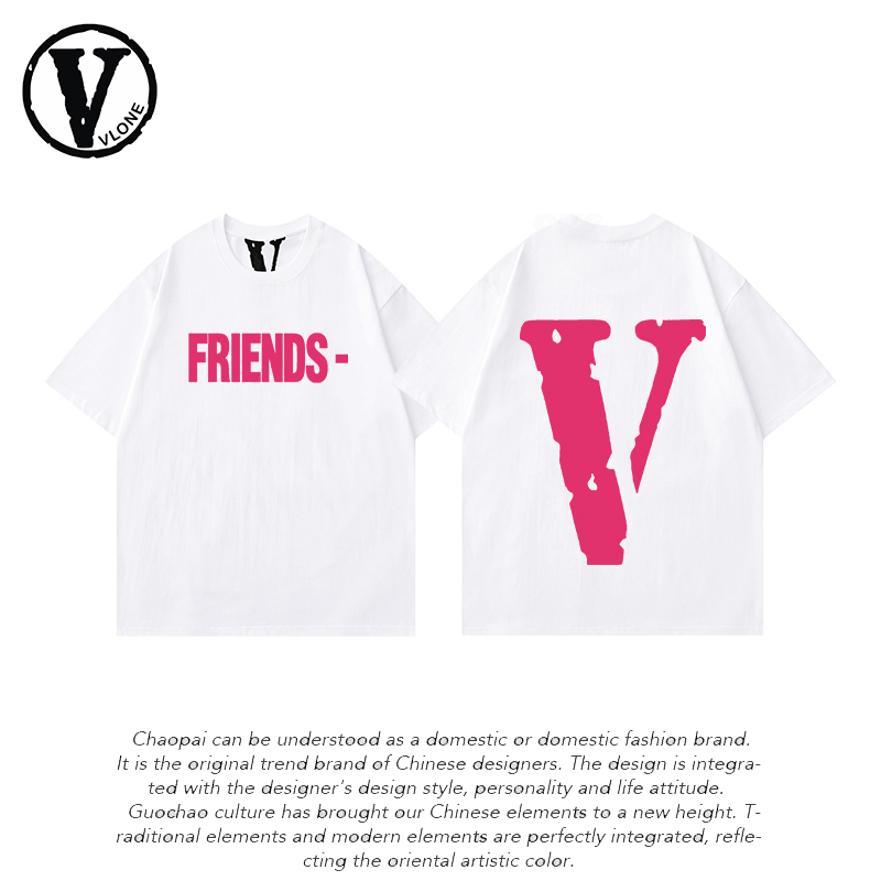 Authentic Vlone Orval Pink Big V American Trendy Brand Heavyweight Pure Cotton Loose Men's Couple Half-Sleeve Short-Sleeve T-Shirt
