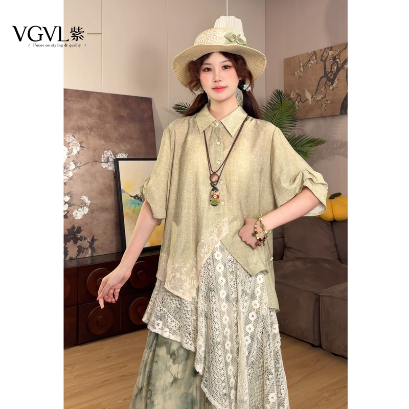 Vgvl Xiao Zhuo Shirt [Shadow] Summer Design Retro Irregular Patchwork Short-Sleeve Shirt for Women 21379