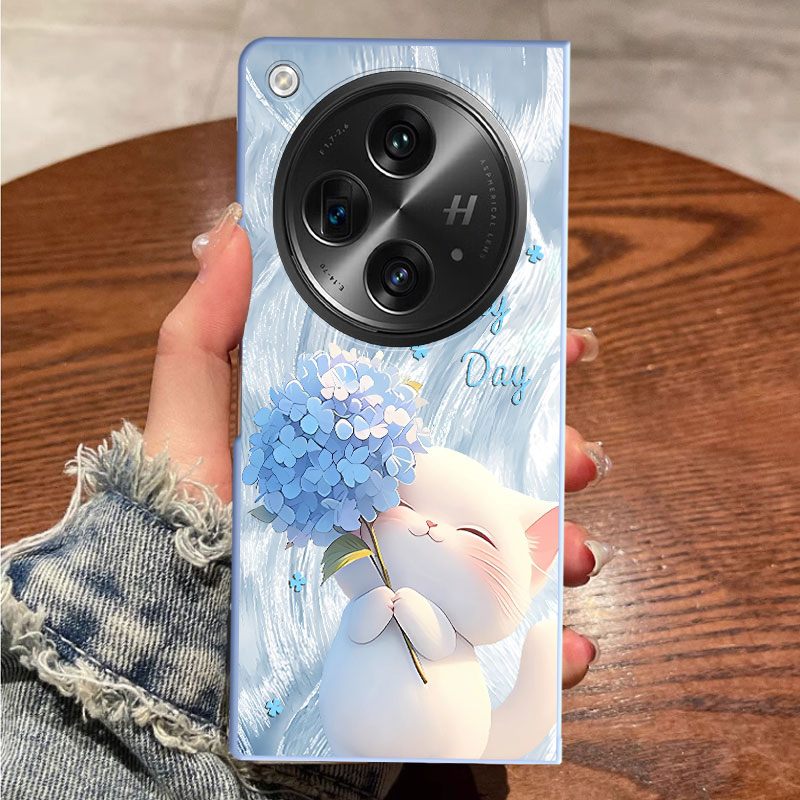 Suitable for Oppo Find N3 Phone Case, Find N2 Left and Right Folding Screen New Cartoon Feather Yarn Embroidered Cat Protective Cover, Full Lens Protection, Anti-Drop Hard Case, Ultra-Thin, High Aesthetic Value, Female Ins-Style