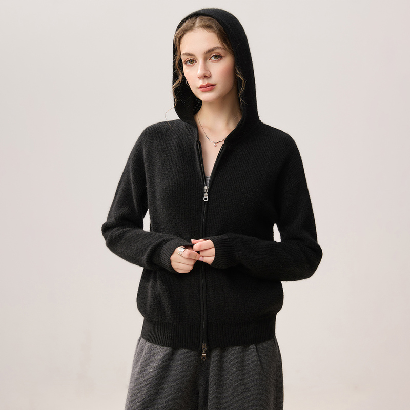Waffle-Style Lazy Style Heavyweight 100% Pure Cashmere Hooded Knit Cardigan Double Zipper Hoodie Jacket for Women