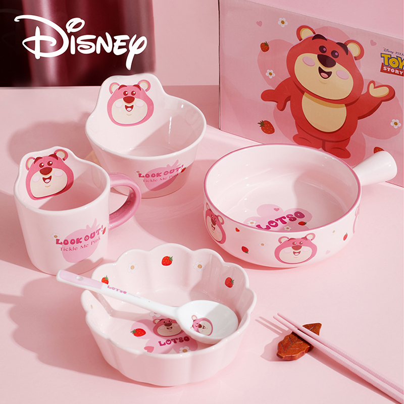 Disney Lotso (Strawberry Bear) Ceramic Bowl and Plate Dinnerware Set, High-Value Rice Bowl, Salad Bowl, Cute Mug, Drinking Cup