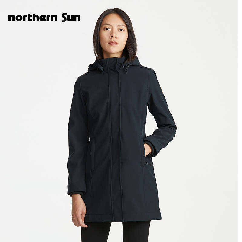 North Mountain Outdoor Women's Autumn and Winter Soft Shell Mid-Length Windbreaker with Fleece Lining, Warm, Water-Repellent, Windproof, Stretchable 0408