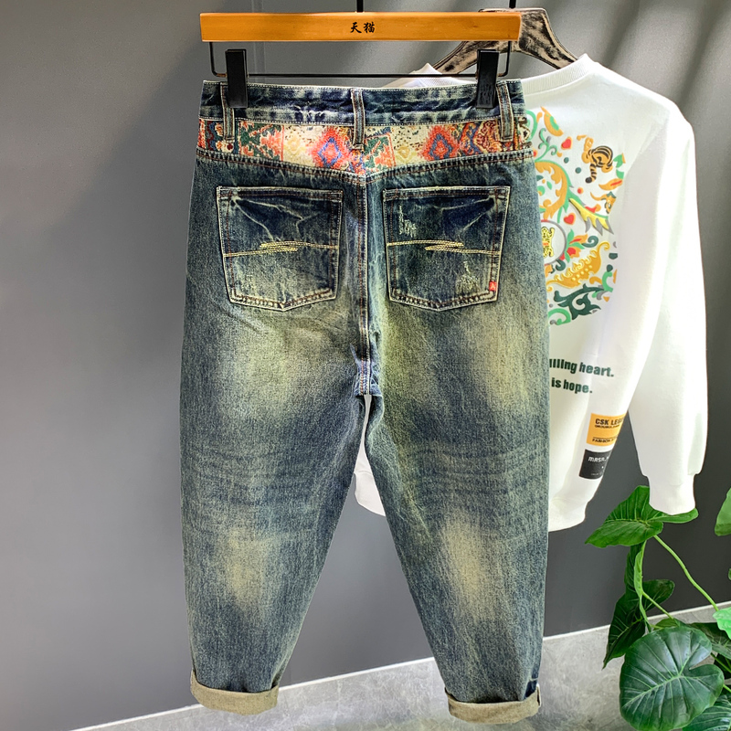 Men's Trendy Patchwork Vintage Yellow Mud Harem Jeans Loose Trendy Cool Wide-Leg Dad Pants Trendy Carrot Pants